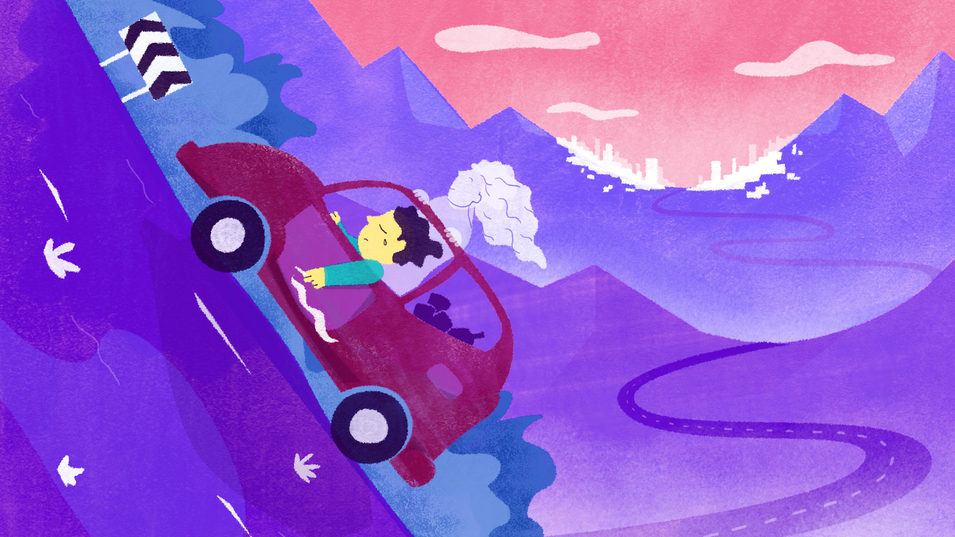 Illustration of a team driving up a mountain
